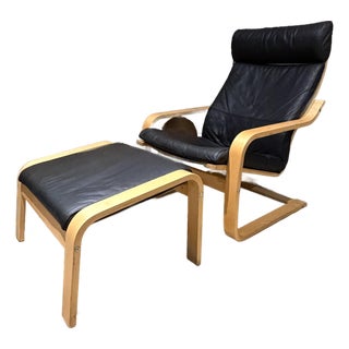 Ikea Poäng Armchair Noboru Nakamura Black Leather Birch Plywood Vintage For Sale