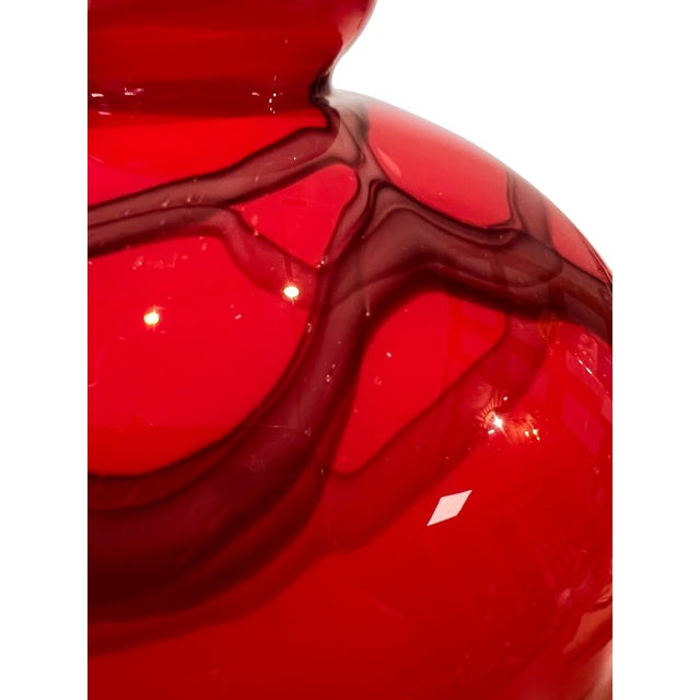 Vintage Czech Art Deco Red Cased Glass Orb Vase With Black Web Drizzle Pattern Attributed to Kralik Glassworks For Sale In Chicago - Image 6 of 12