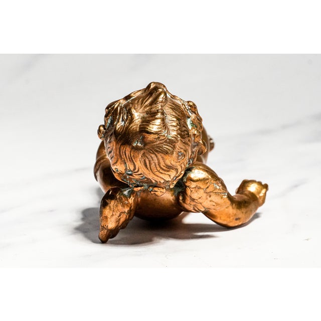 Metal Heavy Classical Figurine Vintage Solid Metal Cherub Putti With Bird Sculpture Paperweight Home Decor Art For Sale - Image 7 of 13