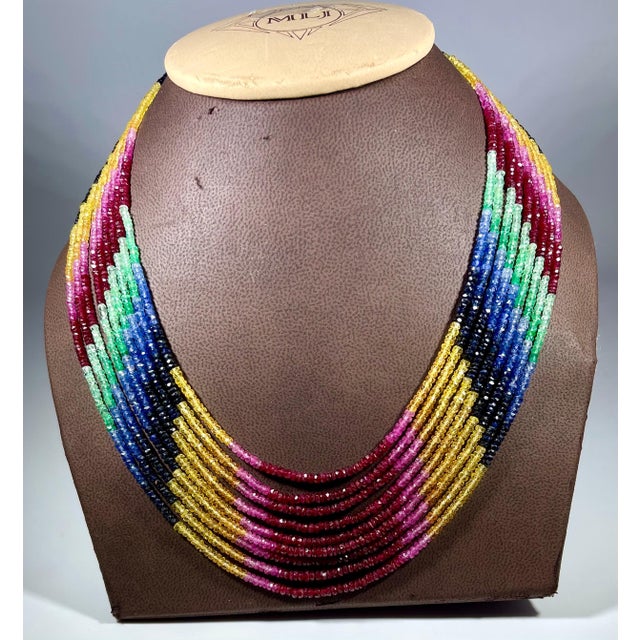 280 Ct 9 Layer Natural Emerald Ruby & Sapphire Bead Necklace 14K Gold Adjustable For Sale - Image 13 of 18