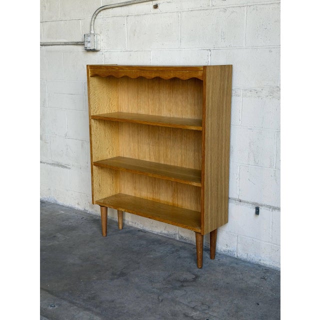 Mid-Century Modern Vintage Oak Bookcase With 3 Open Shelves Scalloped Top Trim and Tapered Legs Denmark 1960s For Sale - Image 3 of 9