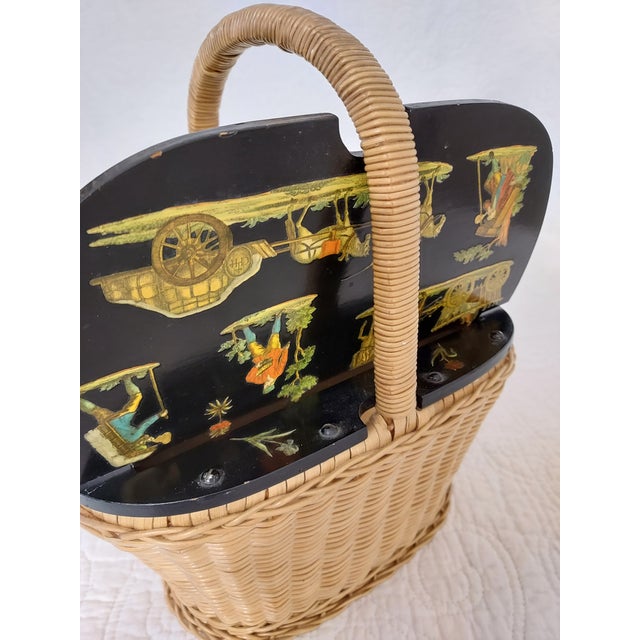 Black Decoupage Wicker and Wood Handbag 1973 for Purse, Sewing Basket 11" Wide For Sale - Image 8 of 11