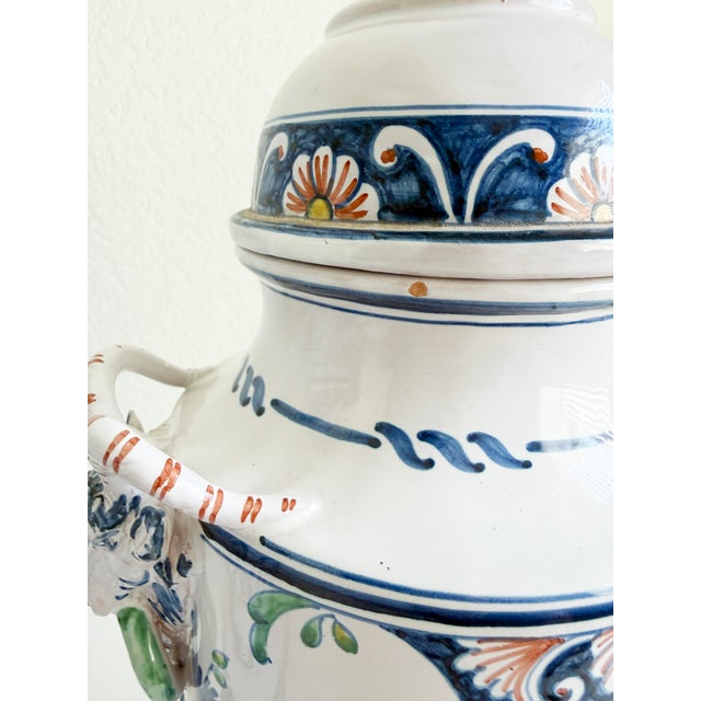 Pair of Mid-Century French Hand Painted Faience Urns With Ram Head Handles For Sale - Image 14 of 18