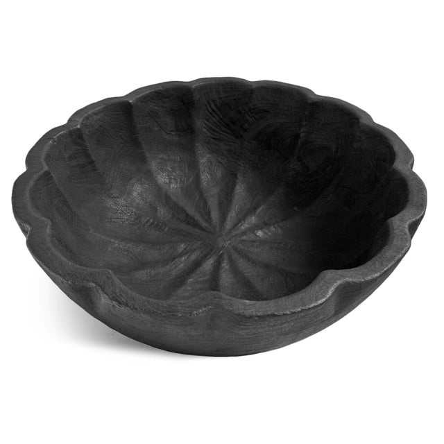 Wood Modern Black Scallop Teak Wood Bowl For Sale - Image 7 of 9
