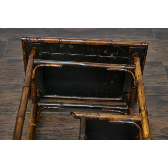 English English 1920s Bamboo and Woven Rattan Side Table with Sectioned Shelves For Sale - Image 3 of 12