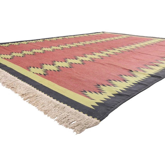 79608 Vintage Indian Dhurrie Rug, 09'08 x 12'09. The Desert Columns: A Vintage Dhurrie Masterpiece of Southwest Modern...