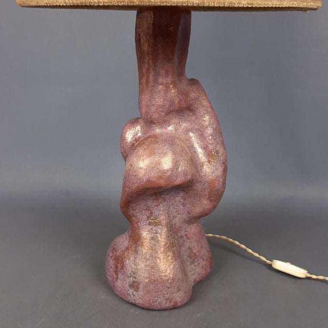 Beige Abstract Table Lamp in Ceramic Majolica with Pink Fabric Lampshade from Laveno, 1960s For Sale - Image 8 of 13