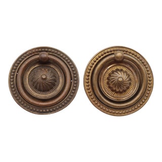 Pair of Vintage Colonial 2.25 In. Brass Ring Drawer Pulls For Sale