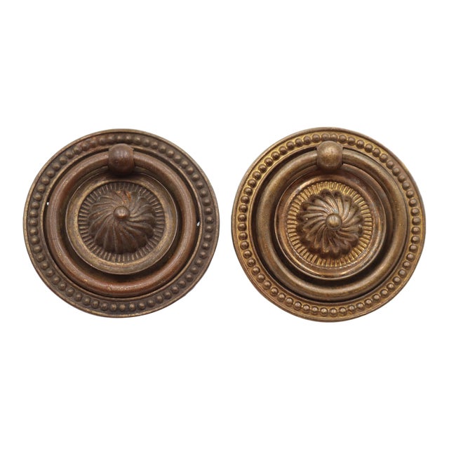 Pair of Vintage Colonial 2.25 In. Brass Ring Drawer Pulls For Sale