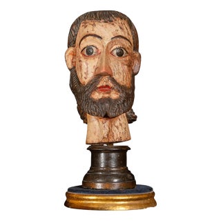 Mexican Spanish Colonial Artist, Carved Head of a Saint, Late 16th-Early 17th Century, Wood For Sale