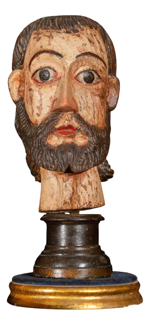Mexican Spanish Colonial Artist, Carved Head of a Saint, Late 16th-Early 17th Century, Wood