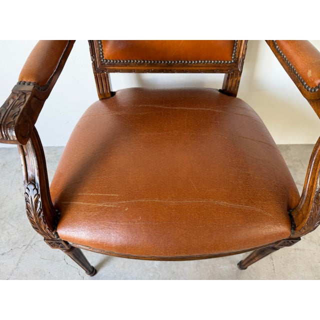 Wood Vintage French Louis XVI Style Carved Wood & Brown Leather Armchair For Sale - Image 7 of 12