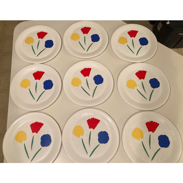 9 Marimekko Dinner Plate Pfaltzgraff Dish Floral Flower Colorful Tulips Matching. 10.75” diameter one of nine plates had...
