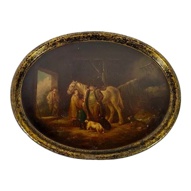 Antique Had Painted Paper Mache Scenic Tray W Horses & Dogs For Sale