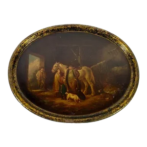 Antique Had Painted Paper Mache Scenic Tray W Horses & Dogs