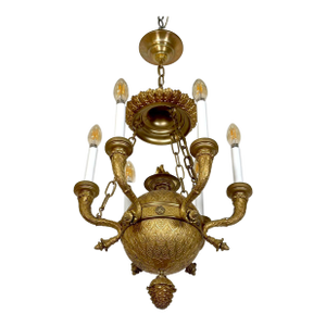 Early 20th Century Restored Antique Empire Bronze Ormolu Six Light Chandelier