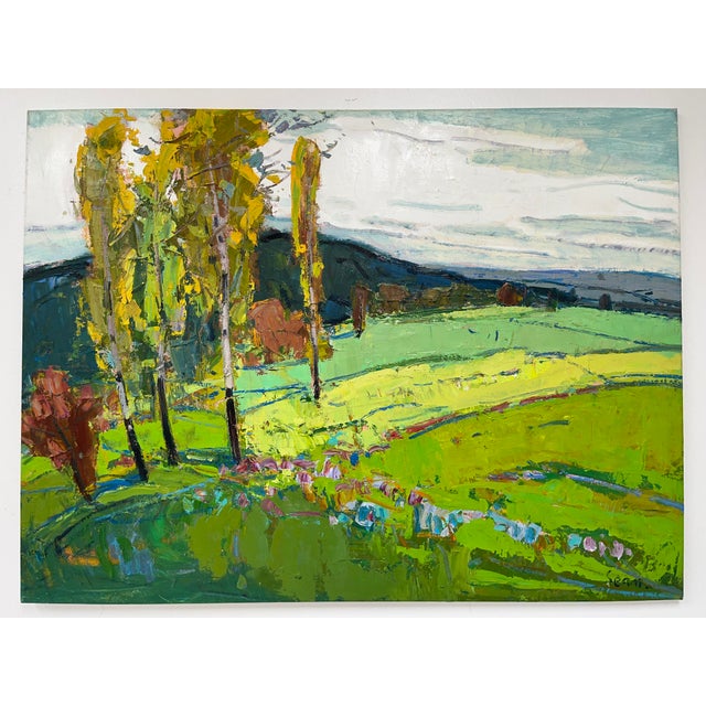 This glowing 36” x 48” original oil painting captures a sunlit meadow in bold abstract strokes and rich textures. Rolling...