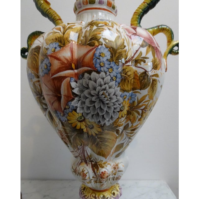 Renaissance Style Hand-Painted Majolica Vase with Flowers and Dragon-Shaped Handles from Nove Bassano, Italy, 1950s For Sale - Image 9 of 17