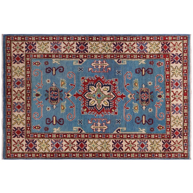 Blue Bohemian Kazak Light Blue/Beige Wool Rug - 3'3''x4'9'' For Sale - Image 8 of 10