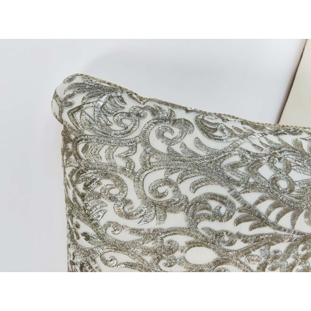 Turkish Ottoman Revival Silver Metallic Embroidered Linen Decorative Pillow For Sale - Image 10 of 16