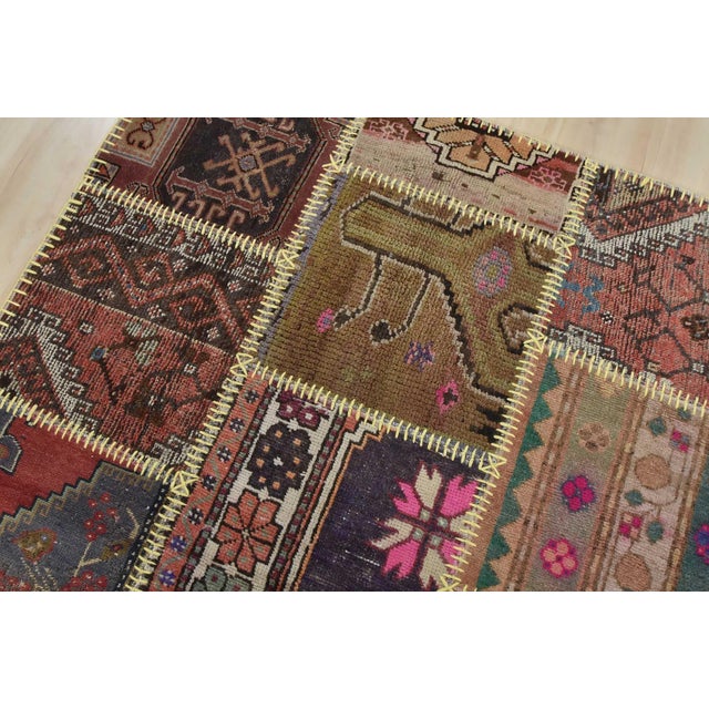 Textile Patchwork Rug 4’1” X 5’11” Multicolor Wool Vintage Hand-Knotted Carpet For Sale - Image 7 of 14
