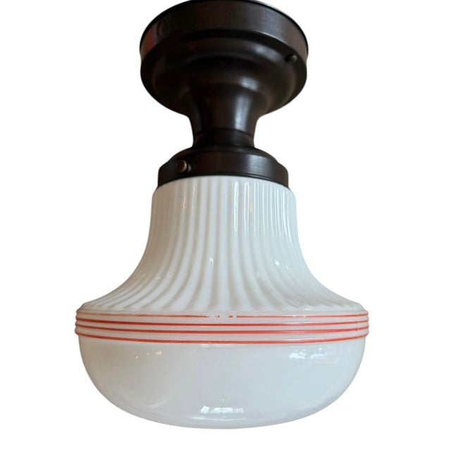 Vintage Schoolhouse Flush-Mount Ceiling Light With Red Accent Stripes For Sale In Los Angeles - Image 6 of 6