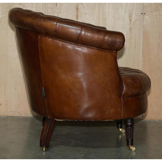 Hand-Dyed Brown Leather Chesterfield Club Tub Barrel Armchair with Brass Castors For Sale - Image 13 of 18