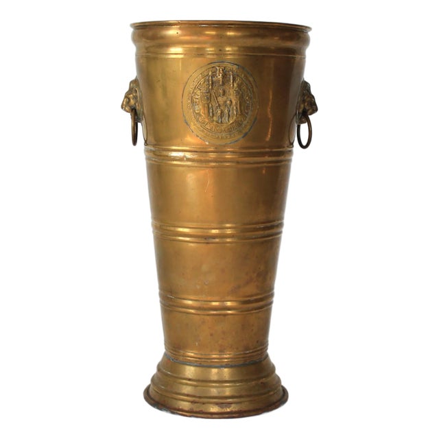 Vintage Brass Lion Head Umbrella Stand W/ Intricate Medallion For Sale