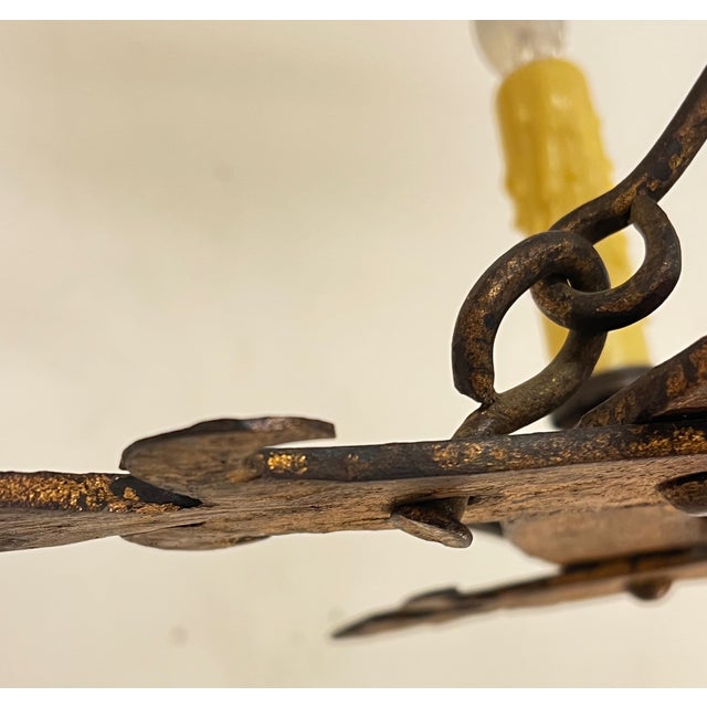 Gothic Spanish Revival Hand Forged Gilt Iron 4 Lite Chandelier- Circa 1930 For Sale - Image 3 of 11
