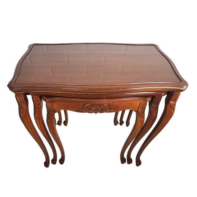 Traditional Late 20th Century Cherry Carved Stacking Tables With Cabriole Legs Set of 3 For Sale - Image 3 of 12