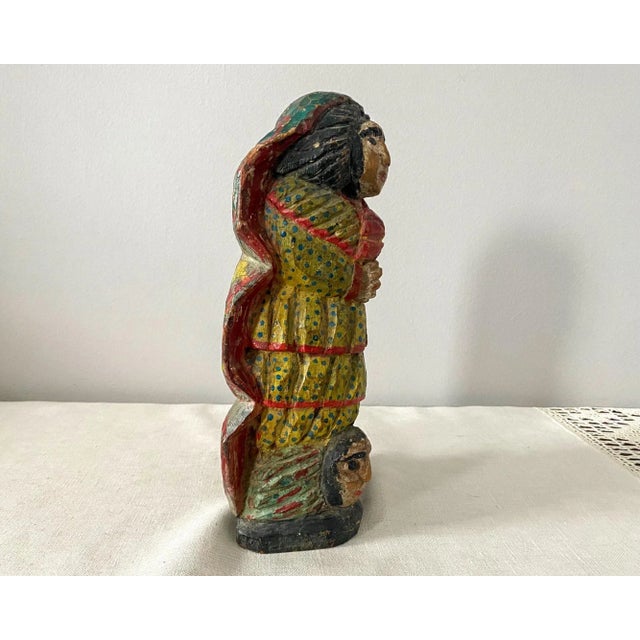 Rustic Vintage Folk Art Polychrome Carved Wood Santa Maria Santos Statue From Brazil For Sale - Image 3 of 12