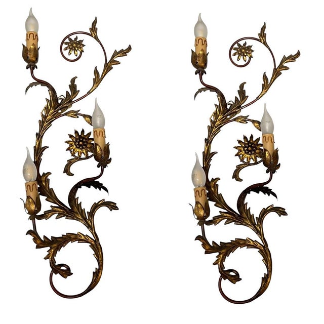 Large Italian Florentine Tole Wall Sconces in Gilt Metal, 1950s, Set of 2 For Sale - Image 15 of 15