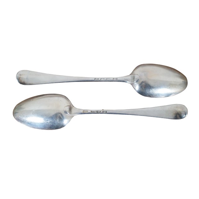 Pair of large heavy antique late 18th century Georgian sterling silver serving spoons with tipped handles, monogrammed...