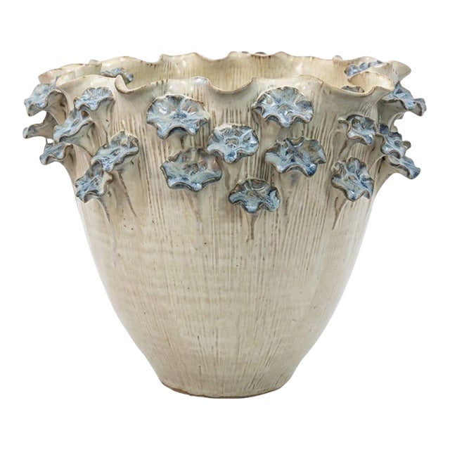 Vintage Italian Art Pottery Urn Planter With Applied Blue Floral Appliqués and Scalloped Rim For Sale