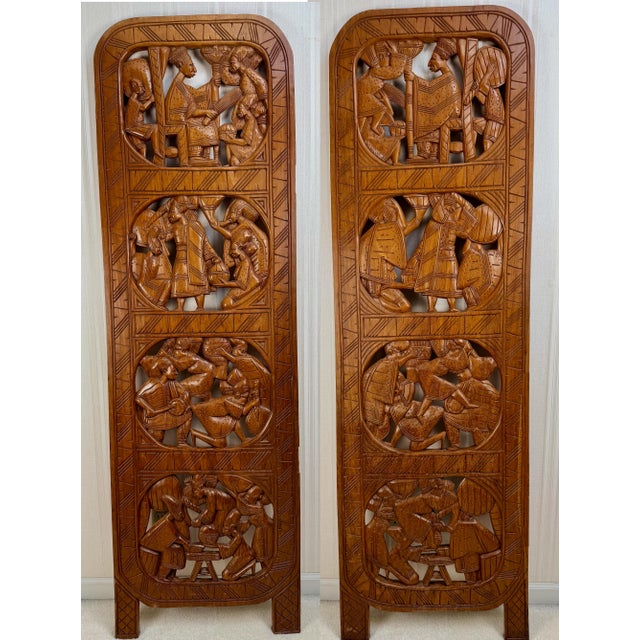 Tribal Monumental 1990s Yoruba Hand-Carved Double-Sided Nigerian Wood Screen Panels, Set of Four For Sale - Image 3 of 8