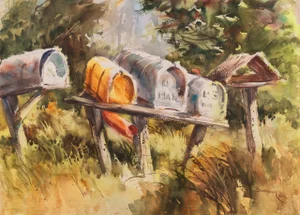 'Rural Route Mailboxes' by Jane Burnham, California Woman Artist, Society of Western Artists
