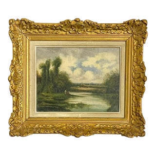 19th Century French Pastoral Landscape Oil Painting in Ornate Giltwood Frame For Sale