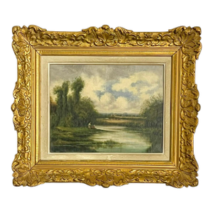 19th Century French Pastoral Landscape Oil Painting in Ornate Giltwood Frame