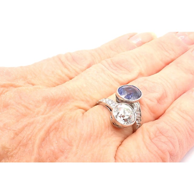 Vintage Estate Platinum Diamond Sapphire Art Deco Crossover Ring, Size 6.5 For Sale - Image 10 of 10