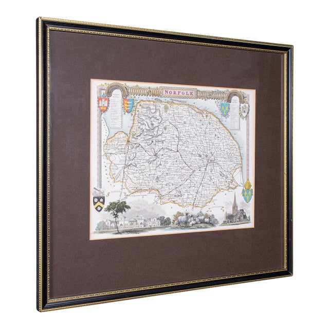 Vintage Norfolk County Map, English, Framed, Cartography, After Thomas Moule For Sale