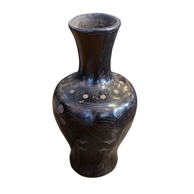 Vintage Oaxacan Barro Negro black etched vase with delicate white sgraffito floral motifs, leaves, and geometric banding....