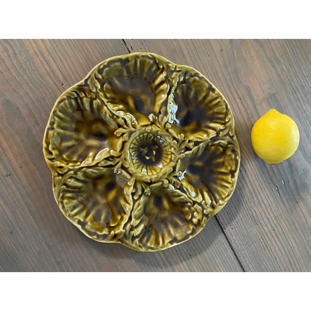 1950s French Gien Majolica Olive Green Oyster Plate For Sale - Image 12 of 15