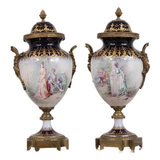 Pair of 1950s Sevres Cobalt Blue Porcelain Painted Urns W. Lids For Sale