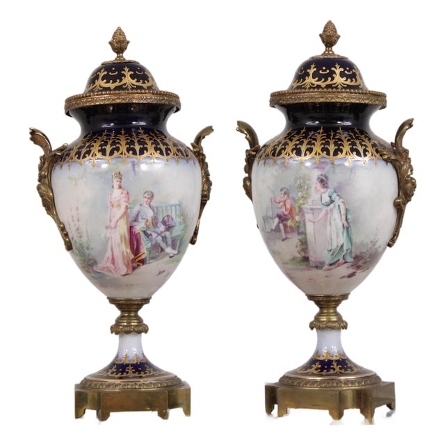 Pair of 1950s Sevres Cobalt Blue Porcelain Painted Urns W. Lids For Sale