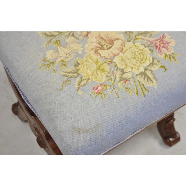 Wood Antique Eastlake Victorian Burl Walnut Carved Curule Footstool Ottoman For Sale - Image 7 of 11