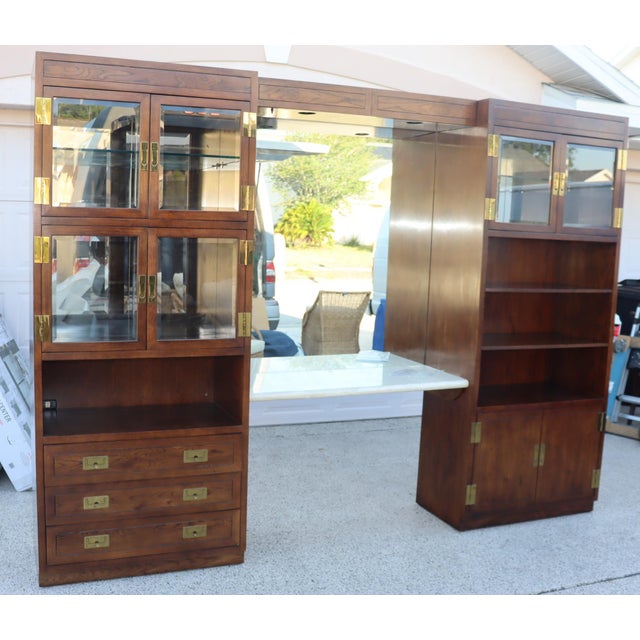 1970s Campaign Vintage Henredon Oak Wall Unit With Marble Counter and Mirrored Cabinets For Sale - Image 13 of 17