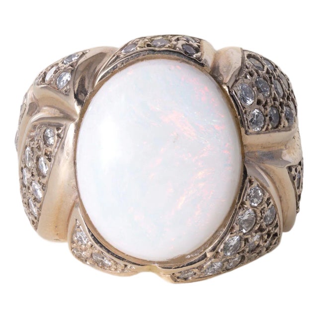 Vintage 14k Gold Opal Bezel Set and Diamond Pave Ring, Size 6.75 For Sale