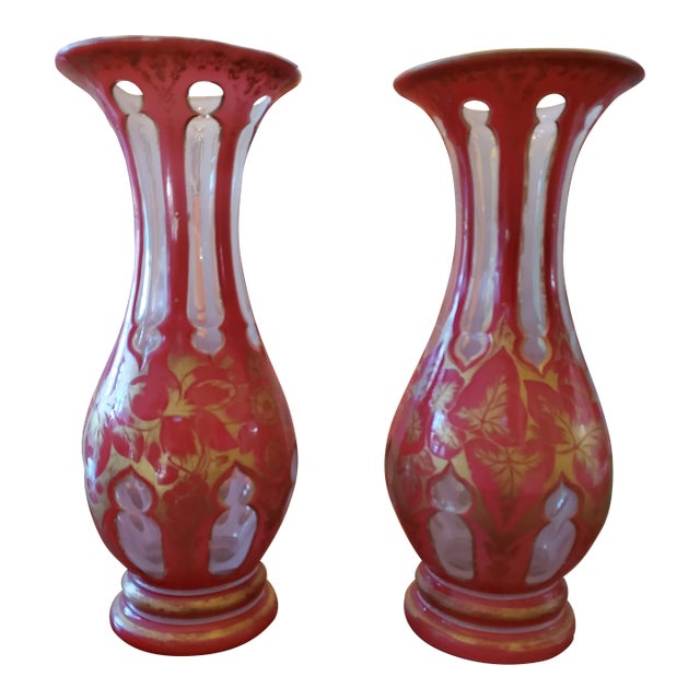 Antique Bohemian Glass Moser Overlay Pink Vases - a Pair For Sale