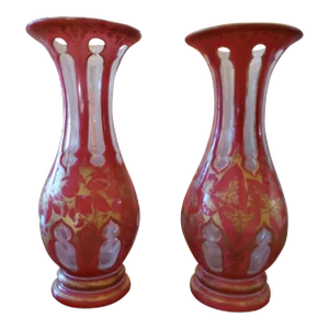 Antique Bohemian Glass Moser Overlay Pink Vases - a Pair