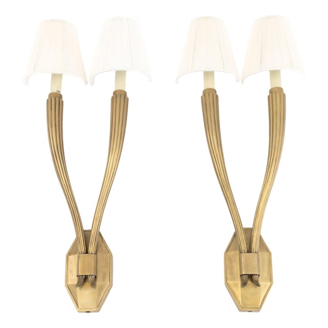 Art Deco Style Brass 2-Branch Wall Sconces, Pair For Sale